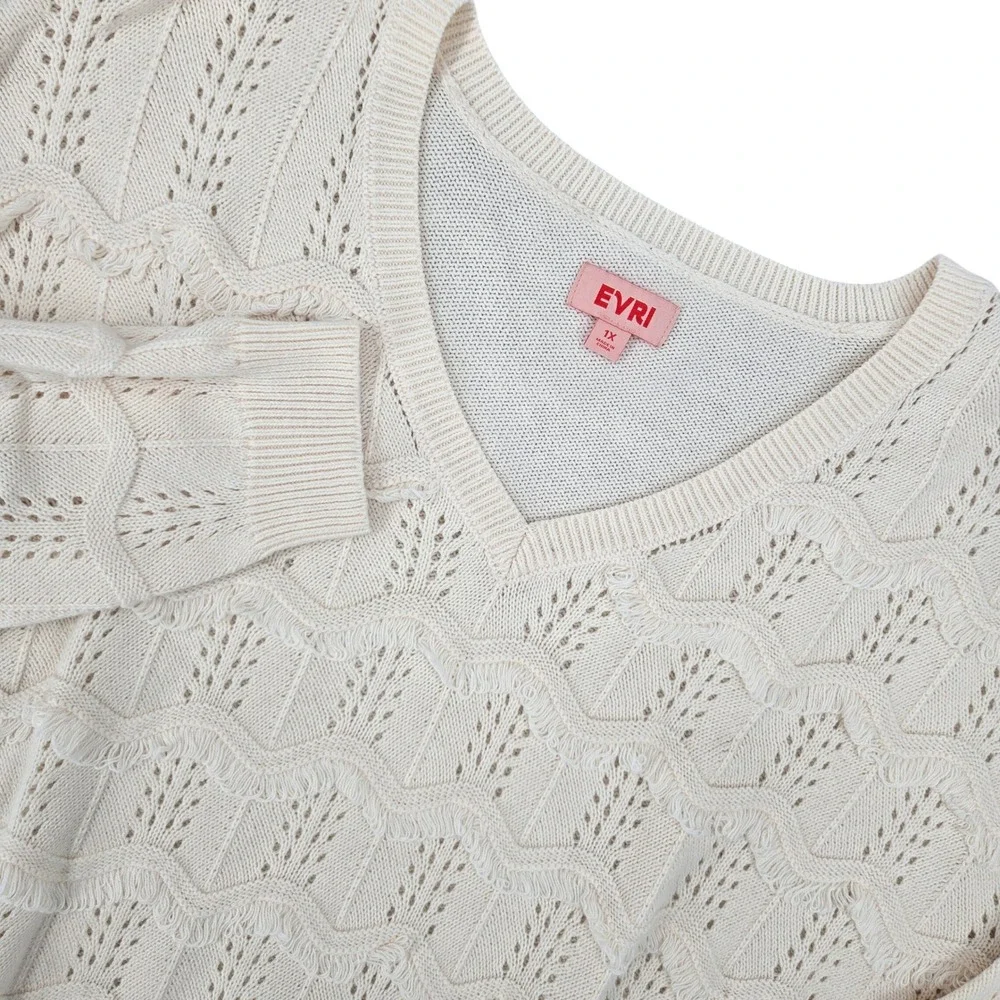 EVRI 1X V-Neck Pointelle Fringe Knit Sweater Womens‎ Cream Boho Cottagecore